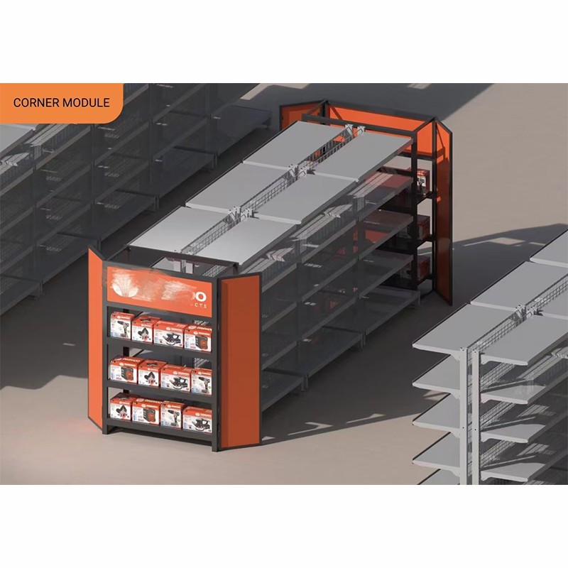 Sistema de estantes de supermercado naranja y gris