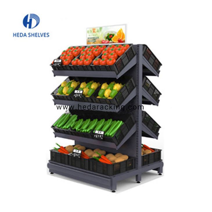 Estante de exhibición de frutas y verduras de supermercado